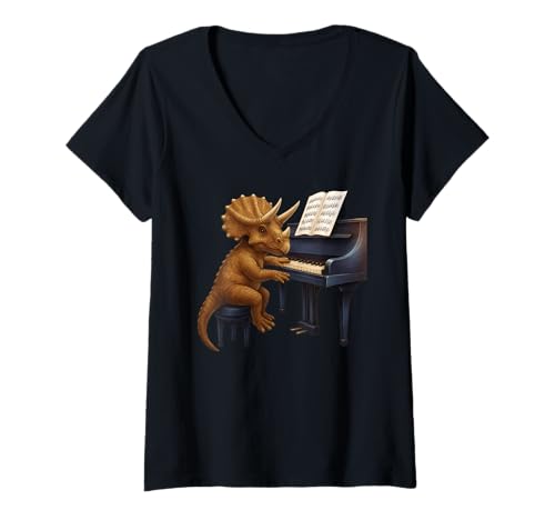 Damen Triceratops Dinosaur Playing Piano Musician Music T-Shirt mit V-Ausschnitt Damen Triceratops Dinosaur Playing Piano Musician Music T-Shirt mit V-Ausschnitt von Cute Dinosaur Playing Piano Dinosaurs Lover