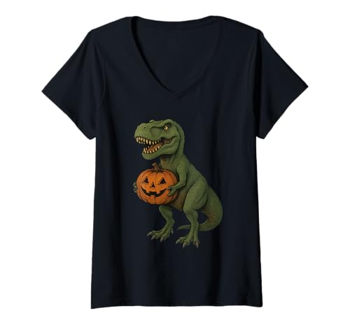 Damen Cute T-Rex Dinosaur Jack O Lantern Pumpkin Halloween T-Shirt mit V-Ausschnitt Damen Cute T-Rex Dinosaur Jack O Lantern Pumpkin Halloween T-Shirt mit V-Ausschnitt von Cute Dinosaur Pumpkin Halloween Apparel