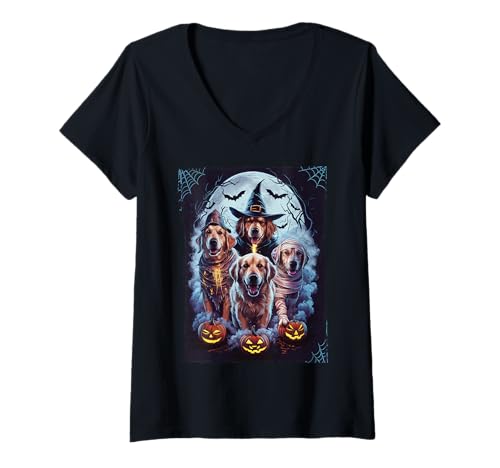 Damen Golden Retriever Ghost Dog Halloween Golden Retriever Hexe T-Shirt mit V-Ausschnitt Damen Golden Retriever Ghost Dog Halloween Golden Retriever Hexe T-Shirt mit V-Ausschnitt von Cute Dog Dressed as Ghost Funny Halloween Dog