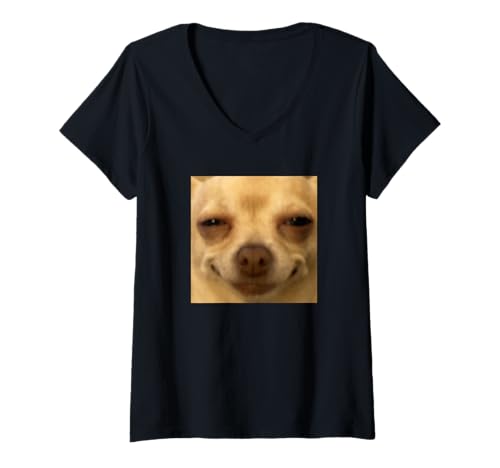Damen Niedliches, lustiges, chilliges Chihuahua-Gesicht, verschwommenes Meme T-Shirt mit V-Ausschnitt von Cute Dog Internet Meme Style Art (Chihuahua)