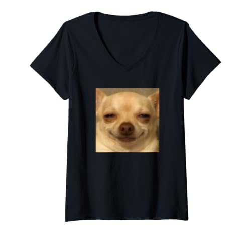 Damen Lustiges, niedliches chilliges Chihuahua-Gesicht, verschwommenes Meme T-Shirt mit V-Ausschnitt von Cute Dog Internet Meme Style Humor (Chihuahua)