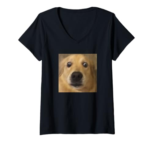 Damen Lustiges überraschtes Golden Retriever Gesicht verschwommenes Meme T-Shirt mit V-Ausschnitt von Cute Dog Internet Meme Style Humor (Golden)