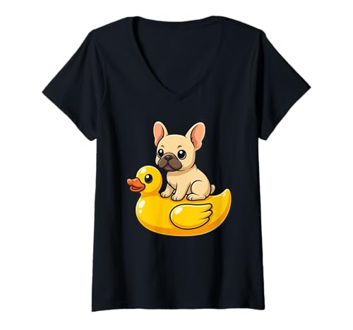 Damen Cute French Bulldog Dog Rubber Duck T-Shirt mit V-Ausschnitt Damen Cute French Bulldog Dog Rubber Duck T-Shirt mit V-Ausschnitt von Cute Dog Lover Rubber Duck Apparel