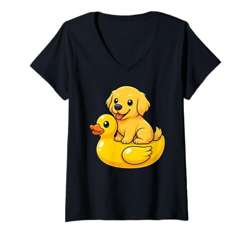 Damen Cute Golden Retriever Dog Rubber Duck T-Shirt mit V-Ausschnitt Damen Cute Golden Retriever Dog Rubber Duck T-Shirt mit V-Ausschnitt von Cute Dog Lover Rubber Duck Apparel