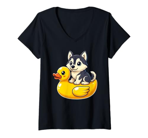 Damen Cute Siberian Husky Dog Rubber Duck T-Shirt mit V-Ausschnitt Damen Cute Siberian Husky Dog Rubber Duck T-Shirt mit V-Ausschnitt von Cute Dog Lover Rubber Duck Apparel