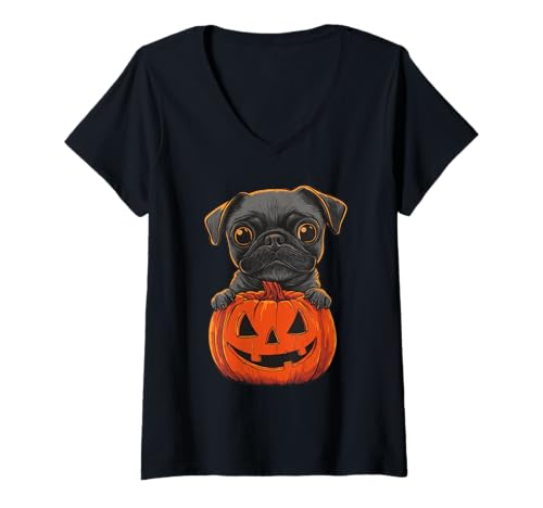Damen Cute Black Pug Jack O Lantern Pumpkin Halloween Dog T-Shirt mit V-Ausschnitt von Cute Dog Pug Pumpkin Halloween Apparel