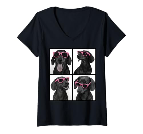 Damen Tierfoto Lustiger Dackel mit Sonnenbrille Photobooth T-Shirt mit V-Ausschnitt Damen Tierfoto Lustiger Dackel mit Sonnenbrille Photobooth T-Shirt mit V-Ausschnitt von Cute Dog With Sunglasses Photo Booth Dachshund