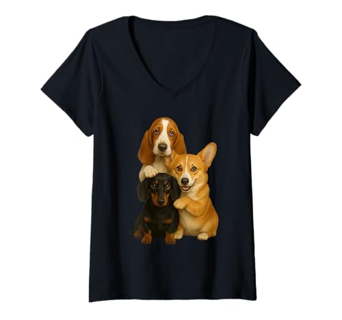 Damen Basset Hound Dackel Corgi T-Shirt mit V-Ausschnitt Damen Basset Hound Dackel Corgi T-Shirt mit V-Ausschnitt von Cute Dogs