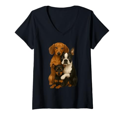 Damen Dackel Boston Terrier Miniatur-Pinscher T-Shirt mit V-Ausschnitt Damen Dackel Boston Terrier Miniatur-Pinscher T-Shirt mit V-Ausschnitt von Cute Dogs