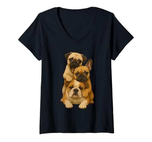 Damen Mops Französische Bulldogge Englische Bulldogge T-Shirt mit V-Ausschnitt von Cute Dogs