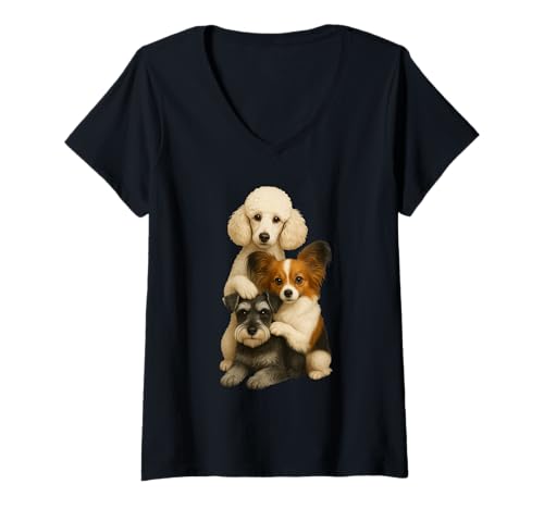 Damen Pudel Papillon Zwergschnauzer T-Shirt mit V-Ausschnitt von Cute Dogs