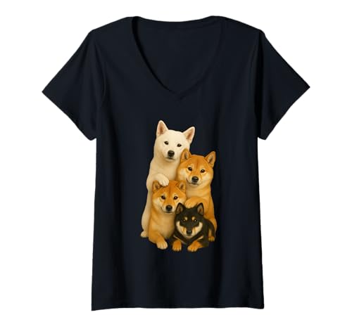 Damen Shiba Inu Akita Kishu Ken T-Shirt mit V-Ausschnitt von Cute Dogs