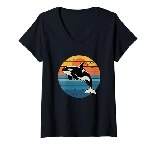 Damen Retro Vintage Sonnenuntergang Ozean Delfin Design Geschenk für Männer Frauen T-Shirt mit V-Ausschnitt Damen Retro Vintage Sonnenuntergang Ozean Delfin Design Geschenk für Männer Frauen T-Shirt mit V-Ausschnitt von Cute Dolphin Lover Sea Marine Life Summer Graphic
