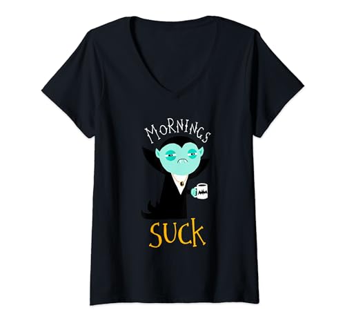 Damen Dracula Vampir Morning Suck Coffee Lovers Halloween-Kostüm T-Shirt mit V-Ausschnitt von Cute Dracula Tired Vampire Morning Suck Coffee