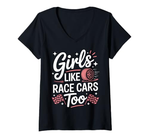 Damen Drag-Racing-Mädchen mögen Rennwagen, zu lustige Rennwagen T-Shirt mit V-Ausschnitt von Cute Drag Racing Girl Funny Racing Car Design