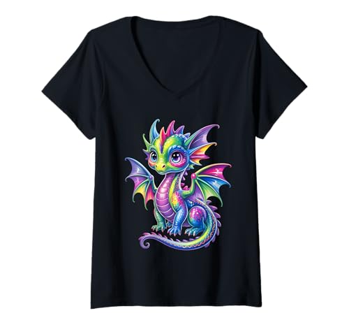 Damen Bunter Drache Baby Niedlich Hübsch Geburtstag Drachenliebhaber Kinder T-Shirt mit V-Ausschnitt von Cute Dragon Baby Clothes For Kids And Girls Boys