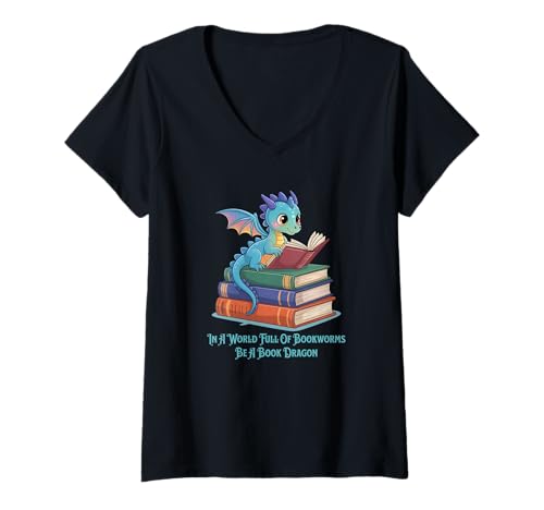 Damen In Einer Welt voller Bücherwürmer Sei EIN Bücherdrache T-Shirt mit V-Ausschnitt von Cute Dragon Fantasy Books