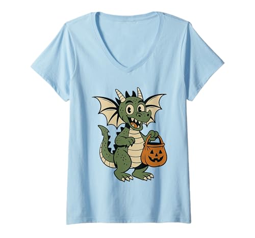 Damen Halloween Drache Retro Trick or Treat Monster T-Shirt mit V-Ausschnitt Damen Halloween Drache Retro Trick or Treat Monster T-Shirt mit V-Ausschnitt von Cute Dragon Halloween Cute Monster Pumpkin