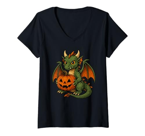Damen Cute Dragon Jack O Lantern Pumpkin Halloween T-Shirt mit V-Ausschnitt Damen Cute Dragon Jack O Lantern Pumpkin Halloween T-Shirt mit V-Ausschnitt von Cute Dragon Pumpkin Halloween Apparel