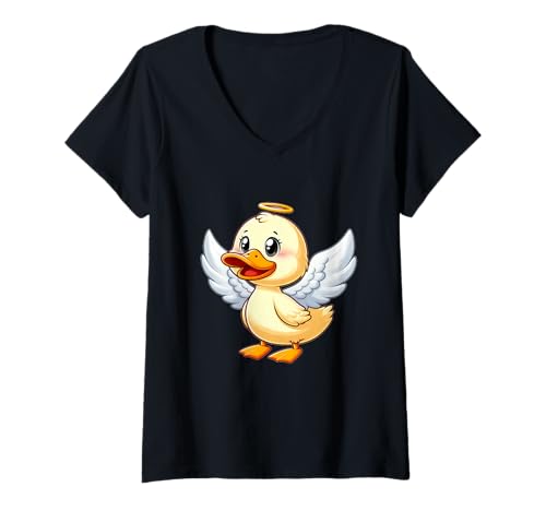 Damen Entzückende Ente mit Flügeln und Heiligenschein T-Shirt mit V-Ausschnitt von Cute Duck Angel Designs