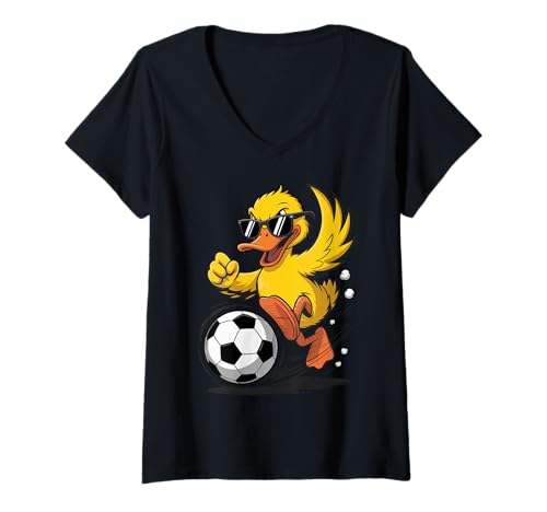 Damen Lustige Ente spielt Fußball Grafik Sport Ball Tierliebhaber T-Shirt mit V-Ausschnitt Damen Lustige Ente spielt Fußball Grafik Sport Ball Tierliebhaber T-Shirt mit V-Ausschnitt von Cute Duck Playing Soccer Graphic
