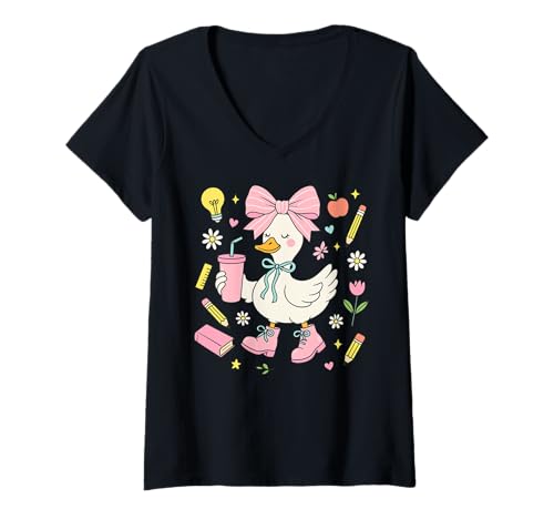 Damen Adrette Gans Outfit Zurück zur Schule niedlich ästhetischer Stil Mädchen T-Shirt mit V-Ausschnitt von Cute Duck School Graphic for Girls and Teachers