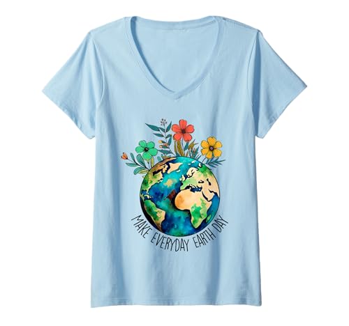Damen Tag der Erde 2024 Lustiger Tag der Erde — Machen Sie den Tag der Erde zum Alltag T-Shirt mit V-Ausschnitt von Cute Earth With Floral Earth Day 2024 Tees