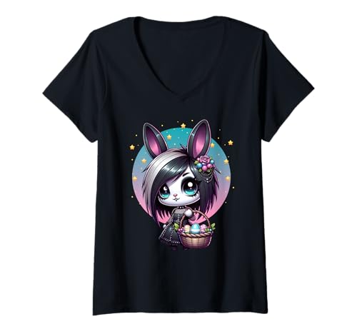 Damen Osterhase Goth Girl Emo Gothic Whimsigoth Style Grafik T-Shirt mit V-Ausschnitt von Cute Easter Bunny Egg Hunt Outfits Girls