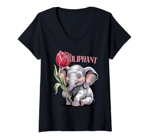 Damen Baby Elefant Tulpe Floral T-Shirt mit V-Ausschnitt Damen Baby Elefant Tulpe Floral T-Shirt mit V-Ausschnitt von Cute Elephant Flower Tuliphant