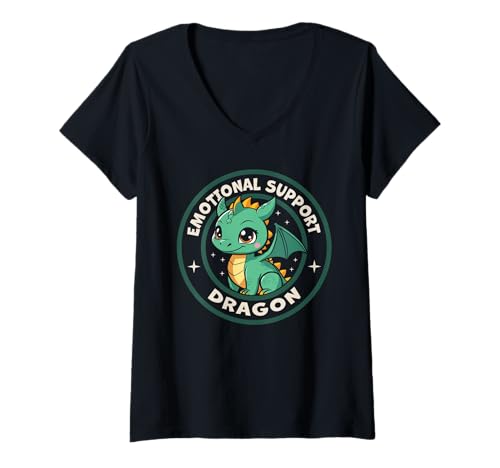 Damen Niedlicher emotionaler Unterstützungsdrache Kawaii Chibi T-Shirt mit V-Ausschnitt von Cute Emotional Support Dragons Tops