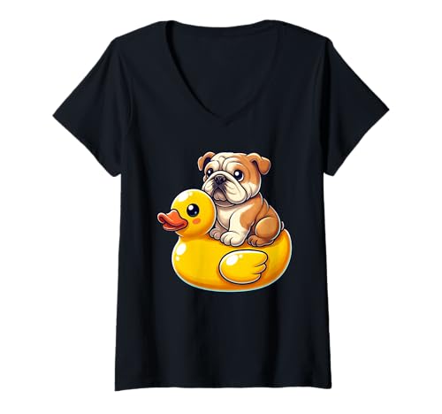 Damen Cute English Bulldog Dog Rubber Duck T-Shirt mit V-Ausschnitt Damen Cute English Bulldog Dog Rubber Duck T-Shirt mit V-Ausschnitt von Cute English Bulldog Rubber Duck Apparel