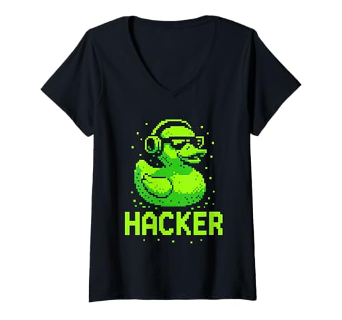 Damen Hacker Cyber Security Pixel Art Duck Hacking Programmierer T-Shirt mit V-Ausschnitt Damen Hacker Cyber Security Pixel Art Duck Hacking Programmierer T-Shirt mit V-Ausschnitt von Cute Ethical Hacker Computer Coder Coding