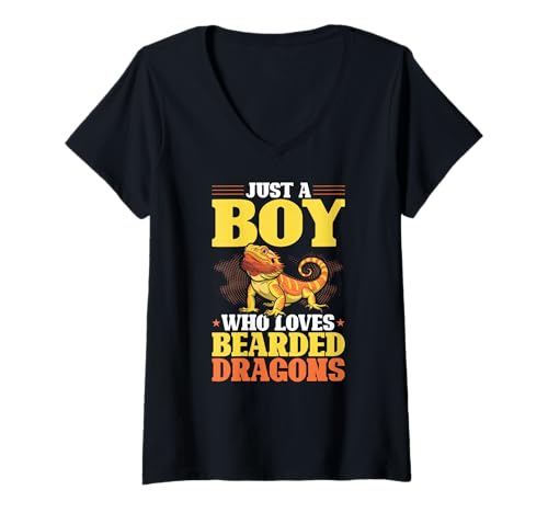 Damen Nur EIN Junge, der Reptilien liebt, Echsenbärtige Drachen T-Shirt mit V-Ausschnitt von Cute Exotic Bearded Dragon Reptile Owner Gifts