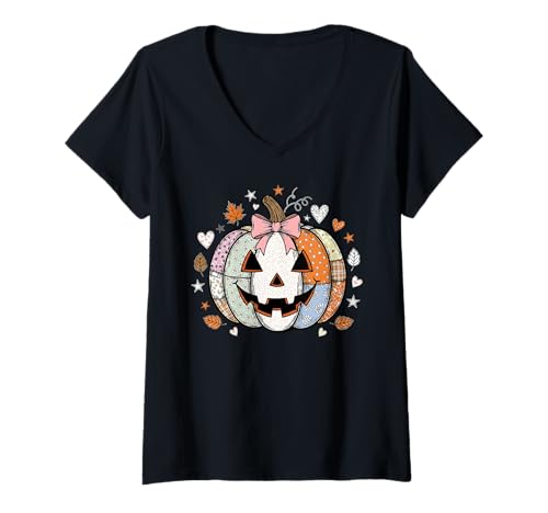 Damen Patchwork Quilt Floral Pumpkin Coquette Herbst Halloween T-Shirt mit V-Ausschnitt Damen Patchwork Quilt Floral Pumpkin Coquette Herbst Halloween T-Shirt mit V-Ausschnitt von Cute Fall Autumn Pumpkin Floral Co.