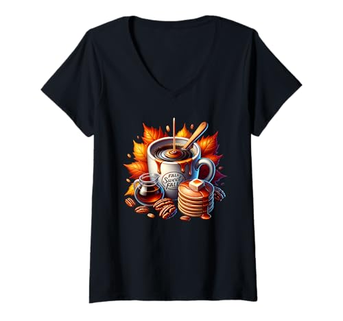 Damen Fall Sweet Fall Coffee Mug with Walnuts Pancakes Cute Autumn T-Shirt mit V-Ausschnitt von Cute Fall Coffee Gifts For Women And Coffee Lovers