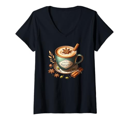 Damen Hello Autumn Themed Coffee Mug for Women Cozy Fall Vibes T-Shirt mit V-Ausschnitt von Cute Fall Coffee Gifts For Women And Coffee Lovers