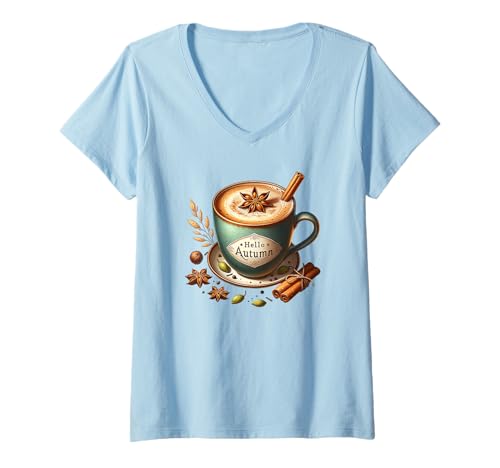 Damen Vintage Fall Coffee Graphic for Coffee Drinker Hello Autumn T-Shirt mit V-Ausschnitt von Cute Fall Coffee Gifts For Women And Coffee Lovers