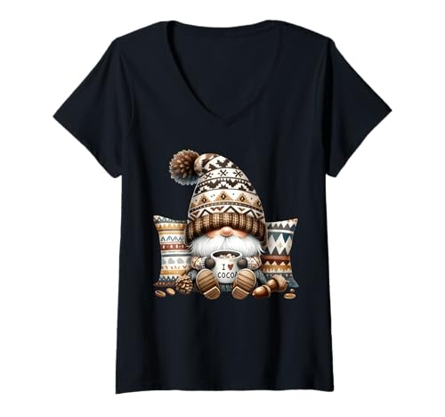 Damen Winter GNOME Fall Accessories with Hot Cocoa Mugs for Autumn T-Shirt mit V-Ausschnitt von Cute Fall Gnomes Hot Cocoa Gifts For Winter Season