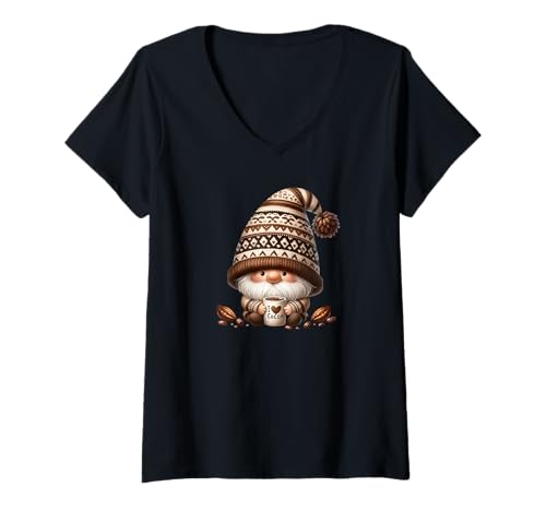 Damen Winter GNOME In Knitted Sweater with Hot Cocoa Mugs for Fall T-Shirt mit V-Ausschnitt von Cute Fall Gnomes Hot Cocoa Gifts For Winter Season