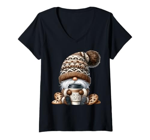 Damen Winter GNOME with Hot Cocoa Mugs and Cookies for Autumn Fall T-Shirt mit V-Ausschnitt von Cute Fall Gnomes Hot Cocoa Gifts For Winter Season