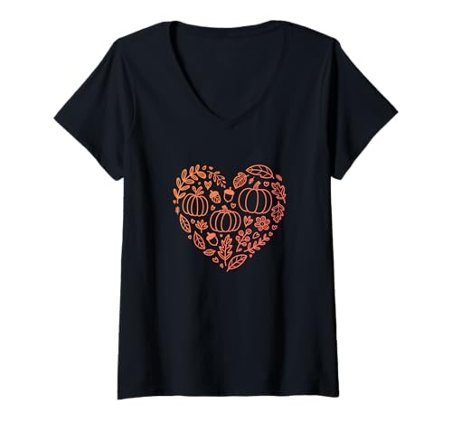 Damen Herbst Herbst Kürbis Familie Halloween Thanksgiving Dankbar T-Shirt mit V-Ausschnitt von Cute Fall Heart T-Shirts & Apparel for Women
