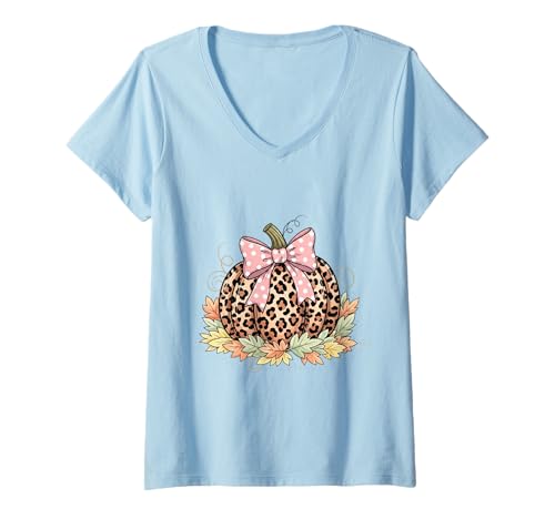 Damen Süßes Halloween Herbst Kürbis Shirt Frauen Leopard Kürbis T-Shirt mit V-Ausschnitt Damen Süßes Halloween Herbst Kürbis Shirt Frauen Leopard Kürbis T-Shirt mit V-Ausschnitt von Cute Fall Peace Love Design Women Men Girls Kids