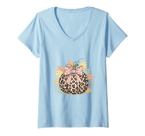 Damen Süßes Halloween Herbst Kürbis Shirt Frauen Leopard Kürbis T-Shirt mit V-Ausschnitt Damen Süßes Halloween Herbst Kürbis Shirt Frauen Leopard Kürbis T-Shirt mit V-Ausschnitt von Cute Fall Peace Love Design Women Men Girls Kids