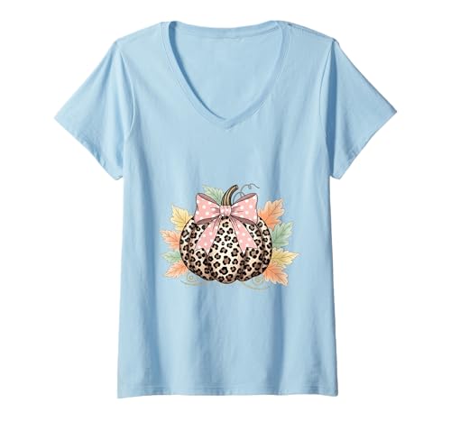 Damen Süßes Halloween Herbst Kürbis Shirt Frauen Leopard Kürbis T-Shirt mit V-Ausschnitt Damen Süßes Halloween Herbst Kürbis Shirt Frauen Leopard Kürbis T-Shirt mit V-Ausschnitt von Cute Fall Peace Love Design Women Men Girls Kids