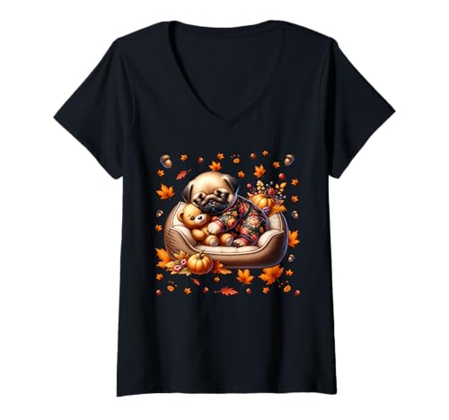 Damen Aesthetic Fall Pug Accessories for Girls Cute Pug for Autumn T-Shirt mit V-Ausschnitt von Cute Fall Pug Stuff Pug Owner Gifts For Pug Lovers