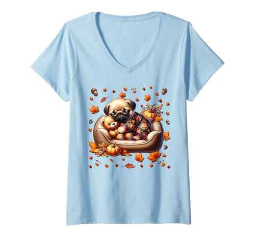 Damen Cute Fall Puppy for Pug Mom and Dog Lover Aesthetic Autumn T-Shirt mit V-Ausschnitt von Cute Fall Pug Stuff Pug Owner Gifts For Pug Lovers
