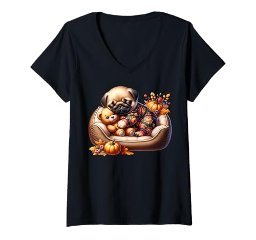 Damen Cute Pug Graphic for Fall Women Men Autumn Vibes Cozy Season T-Shirt mit V-Ausschnitt von Cute Fall Pug Stuff Pug Owner Gifts For Pug Lovers