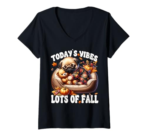 Damen Funny Fall Saying for Fall Pug Puppy Mom & Autumn Dog Lover T-Shirt mit V-Ausschnitt von Cute Fall Pug Stuff Pug Owner Gifts For Pug Lovers