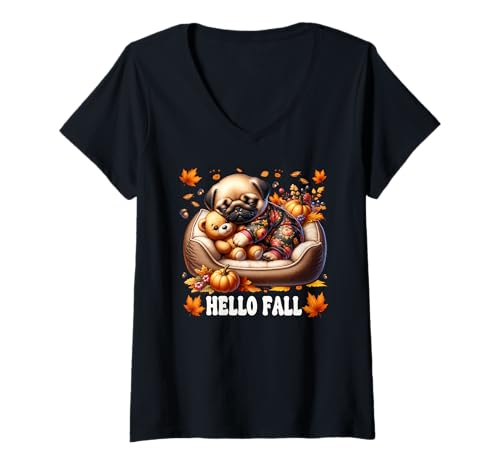 Damen Hello Fall Pug Graphic for Women Men Kids Cute Autumn Dog T-Shirt mit V-Ausschnitt von Cute Fall Pug Stuff Pug Owner Gifts For Pug Lovers
