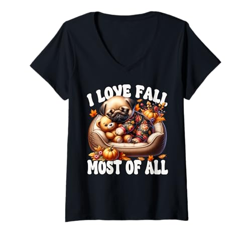 Damen I Love Fall Most of All Fall Pug Mom Graphic for Dog Lovers T-Shirt mit V-Ausschnitt von Cute Fall Pug Stuff Pug Owner Gifts For Pug Lovers